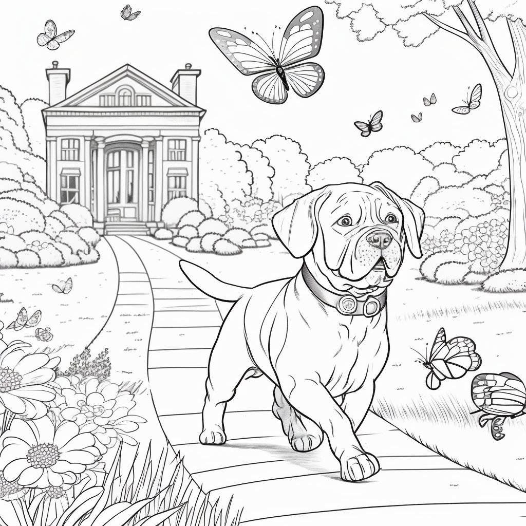 Kris kashtanova on x make coloring pages with midjourney prompt clean page from a coloring book for children with dog do running with a butterfly infront of house and park background black