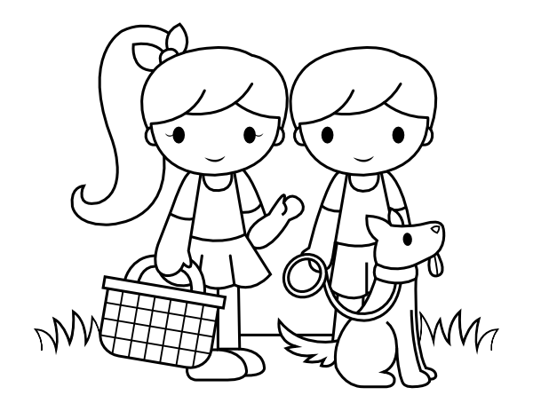 Printable picnicking kids and dog coloring page