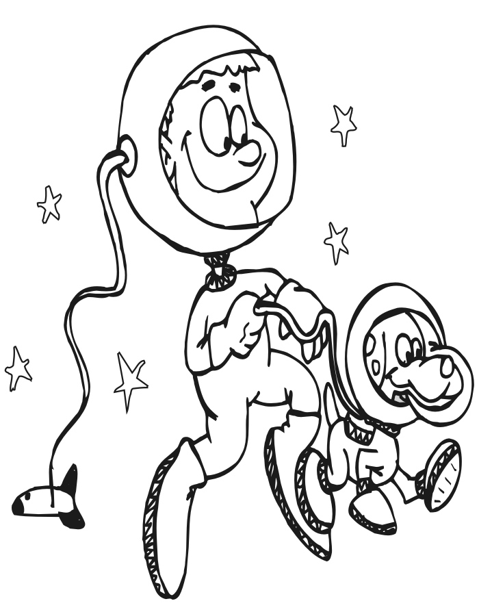 Space coloring page astronaut walking dog