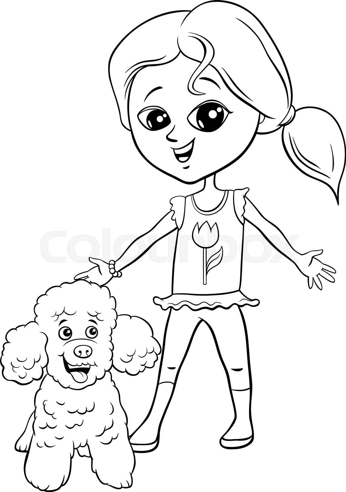 Cartoon girl with poodle dog character coloring book page stock vector