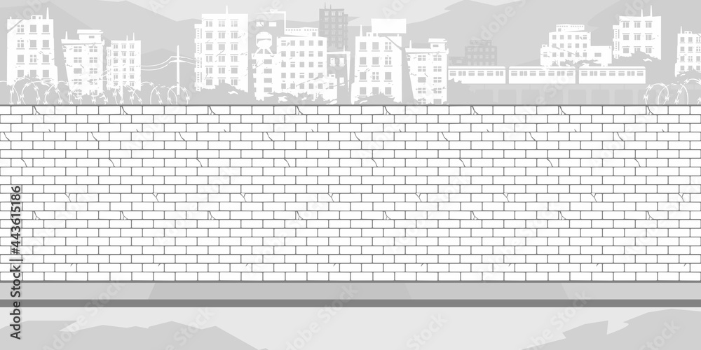 Black and white brick wall coloring page with background of the cityscape vector illustration vector