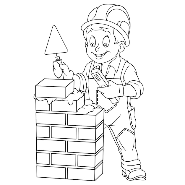 Premium vector cute man building brick wall people professions cartoon coloring book page for kids