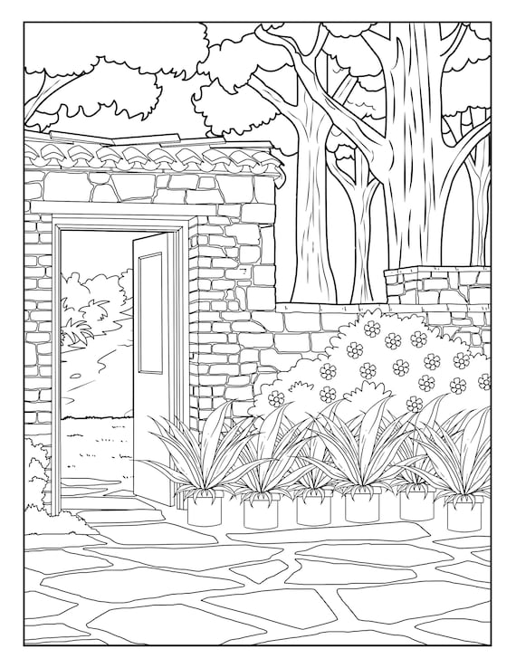 Stone wall garden gallery coloring pages for adults printable coloring page instant download pdf