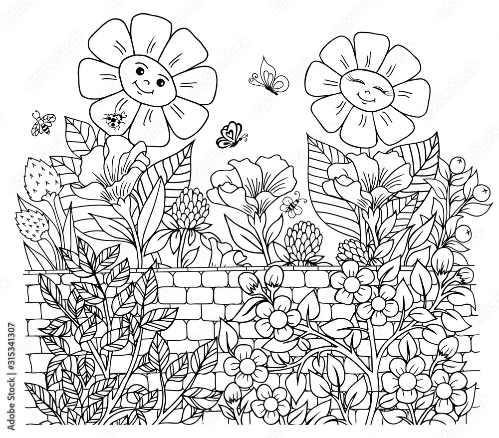 Illustration flowers and shrubs growing near stone wall coloring book antistress for adults and children the work was done in manual mode black and white illustration