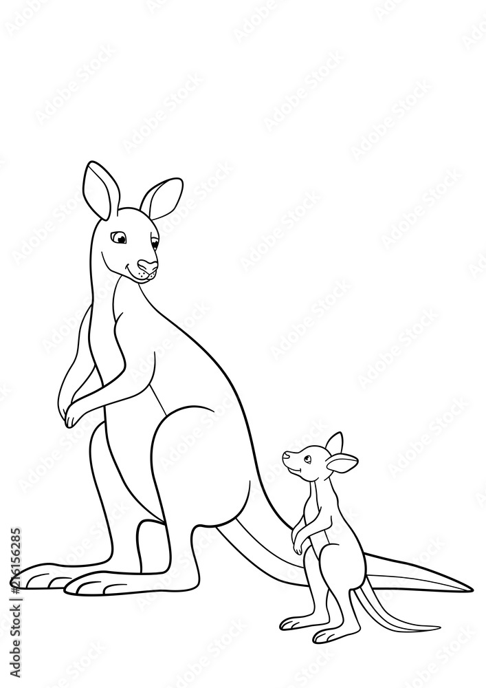 Coloring pages mother kangaroo with her little baby vector