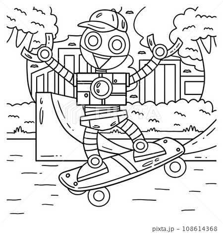 Robot skateboarding coloring page for kids