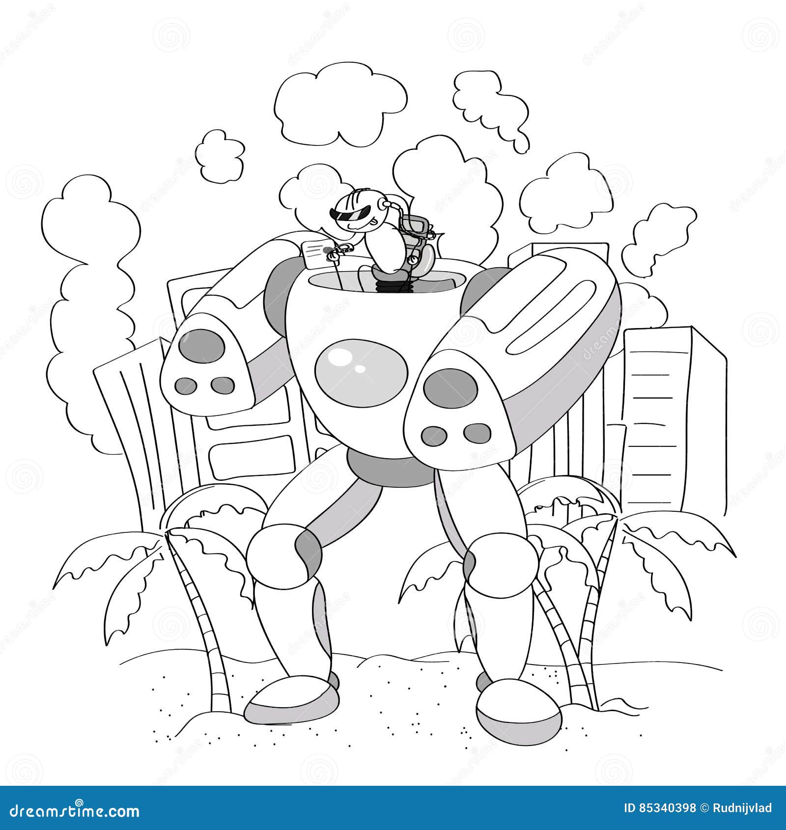 Black and white cartoon vector illustration of happy robot or droid for children to coloring book stock vector