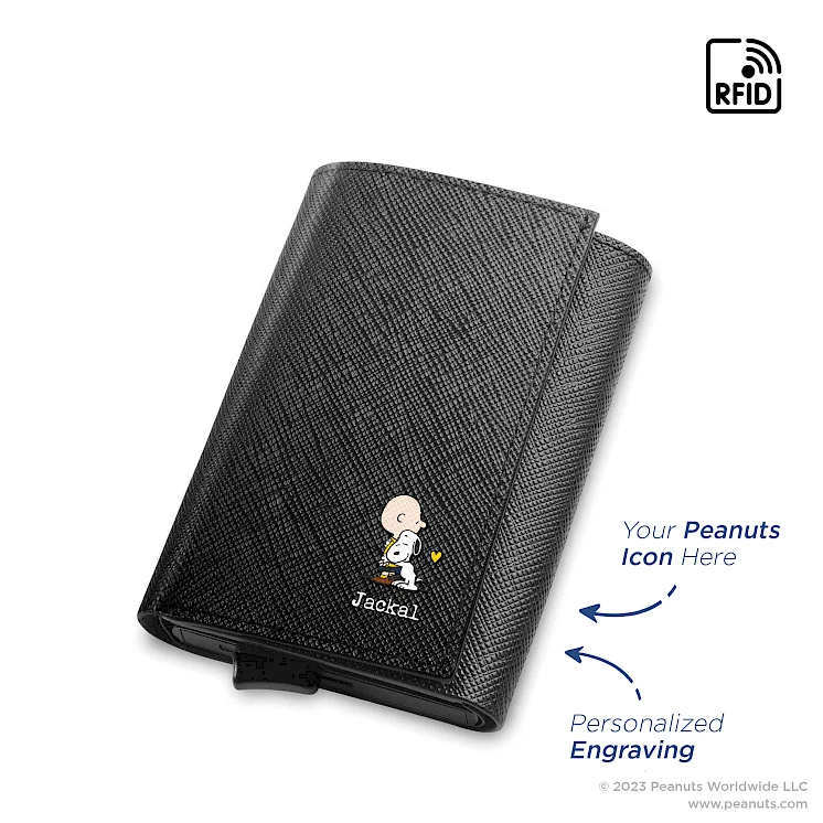 Peanuts uv printed customized rfid slim walletïsaffiano jet blackïcrudo leather craft