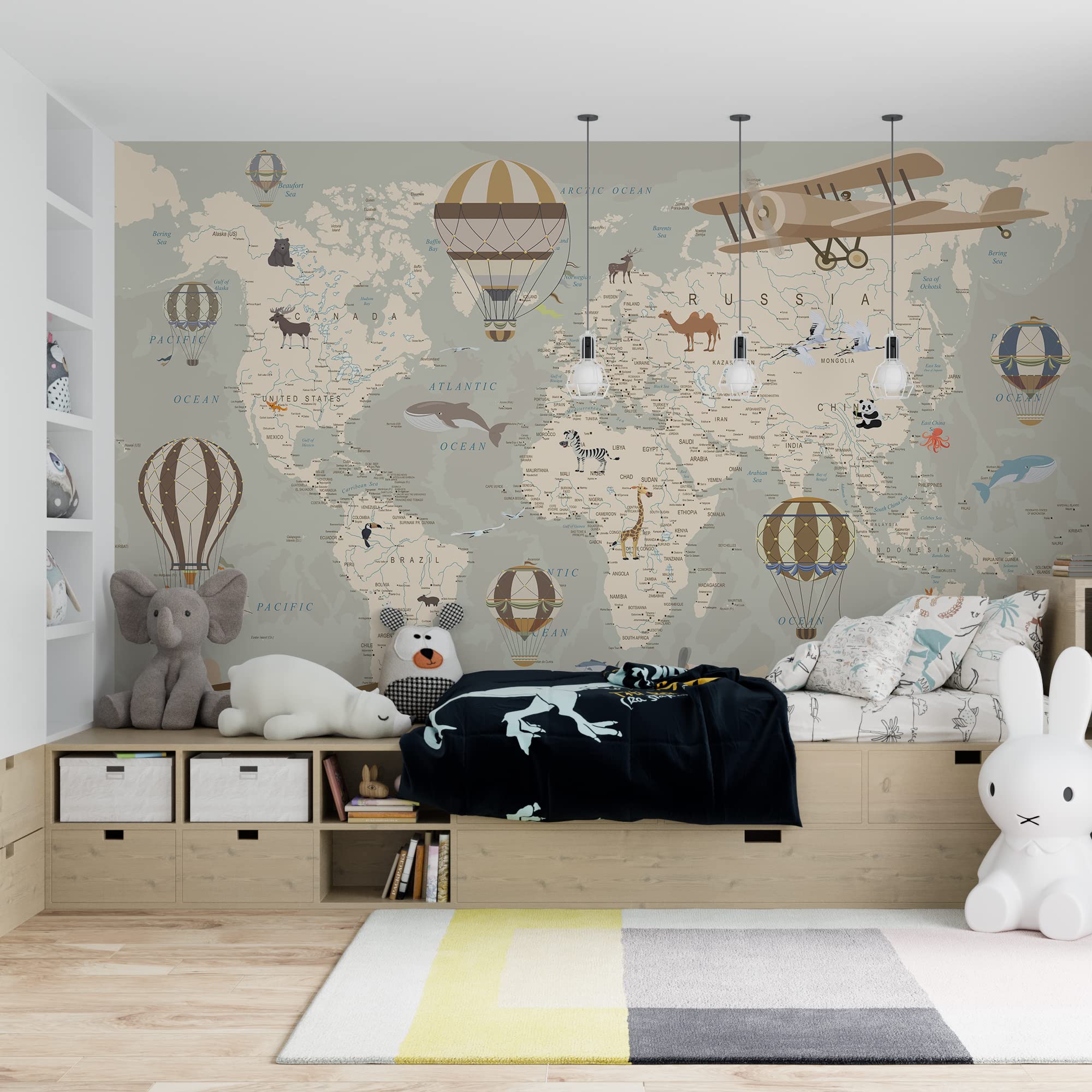 Kids wallpaper world map with animals wall mural removable peel and stick wall murals for girls boys kids waterproof wallpaper room bedroom living room self adhesive mural wallpaper size x in