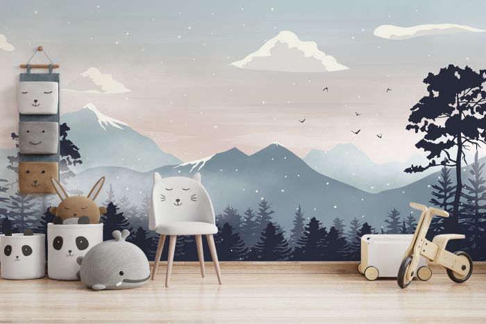 Kids mountain landscape with snow wallpaper mural