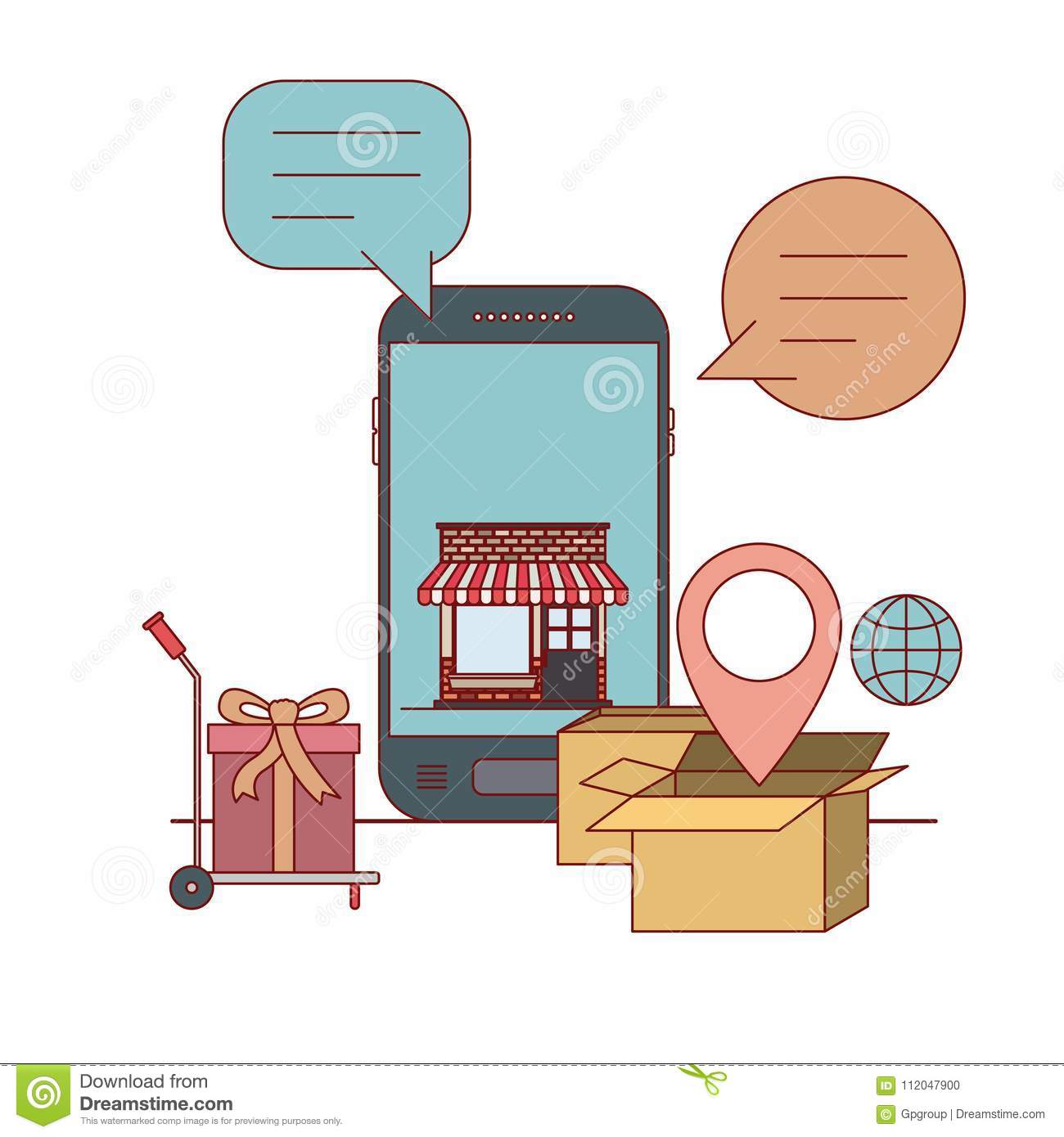 Smartphone with wallpaper inside of store house and freight cart with gift e