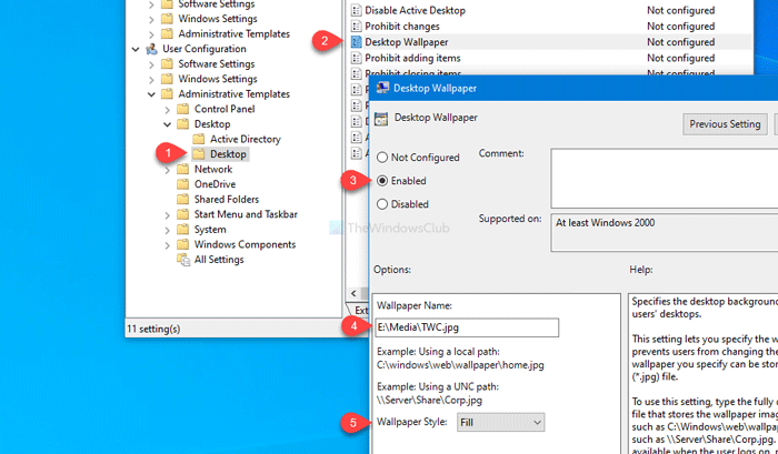 How to set desktop wallpaper using group policy or registry editor