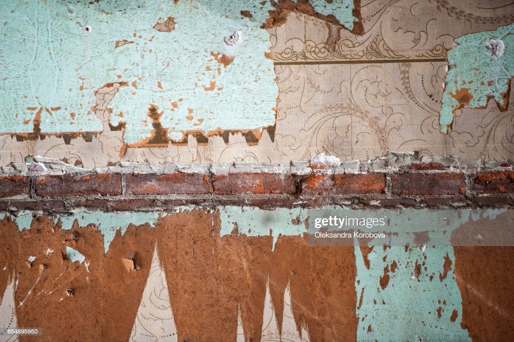 Vintage textures old wallpaper peeling paint brick wall stock