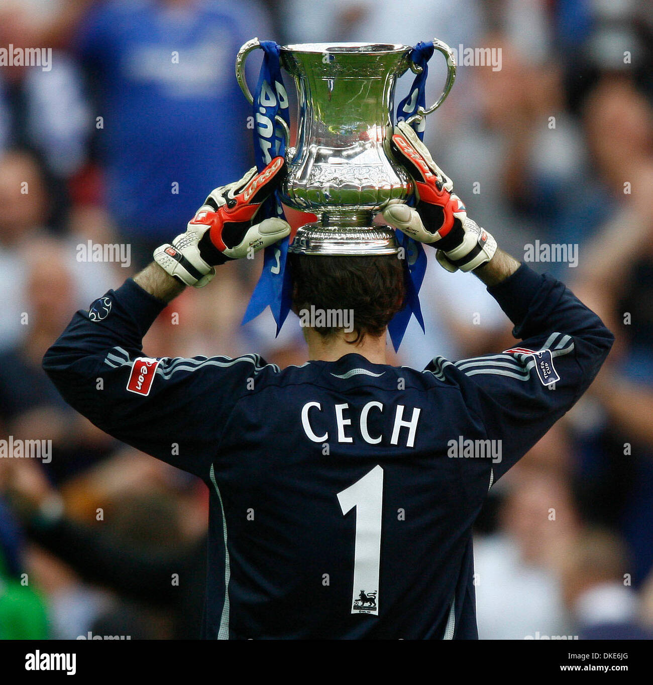 Chelseas petr cech wears the fa cup as protective headgearcredit image photographercal sport media stock photo