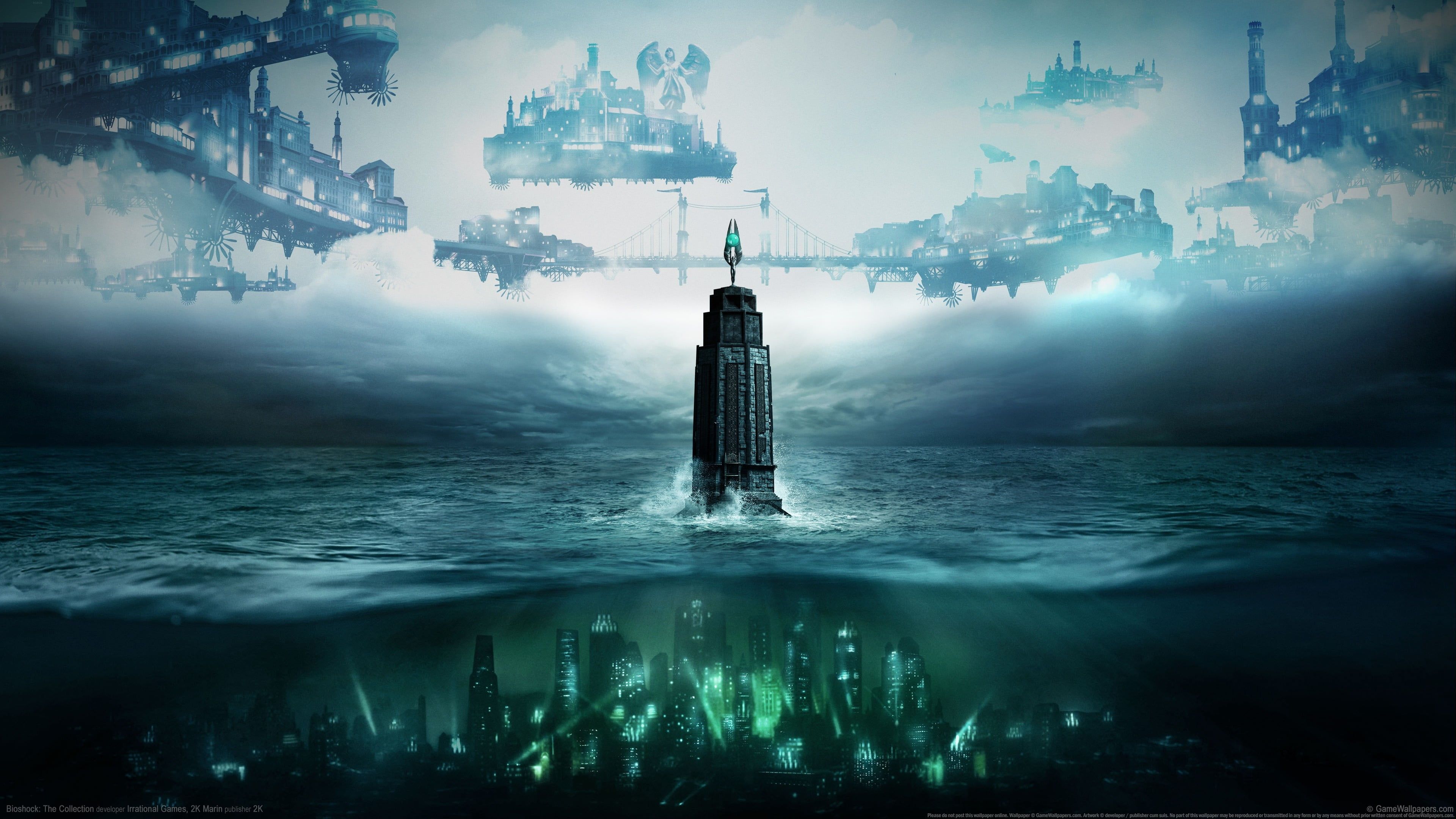 Underwater city and aircrafts digital wallpaper bioshock tower columbia video games k wallpaper hdwallpaper deskâ bioshock game bioshock underwater city