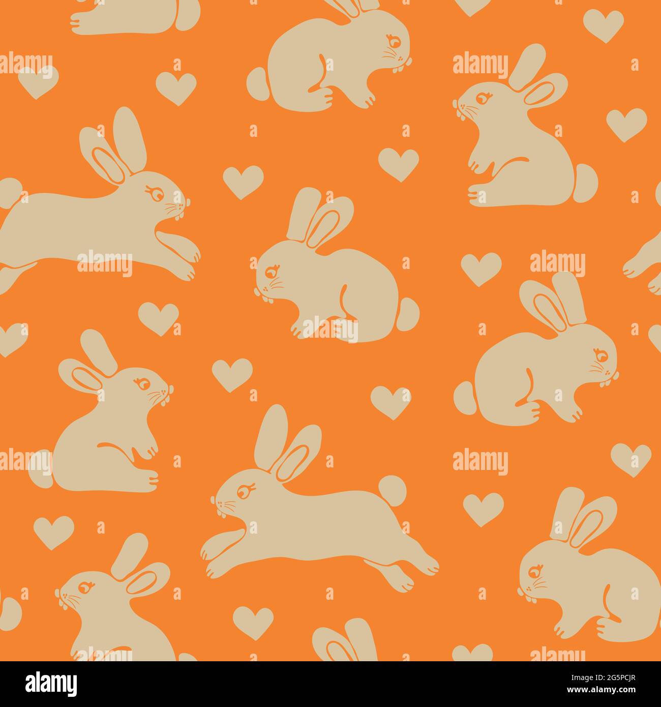 Seamless vector pattern with cute bunnies and love hearts on orange background decorative animal wallpaper design with rabbits stock vector image art