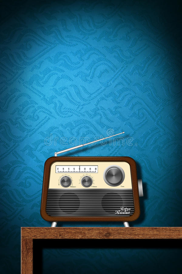 Retro radio on wood table with blue wallpaper stock illustration