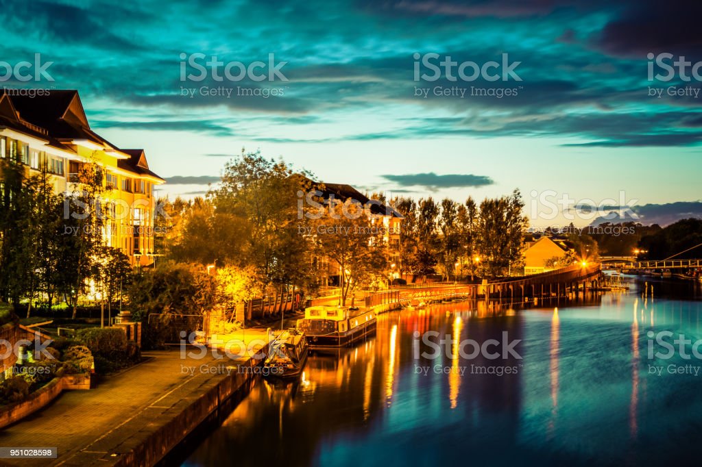 River thames at night in reading berkshire stock photo