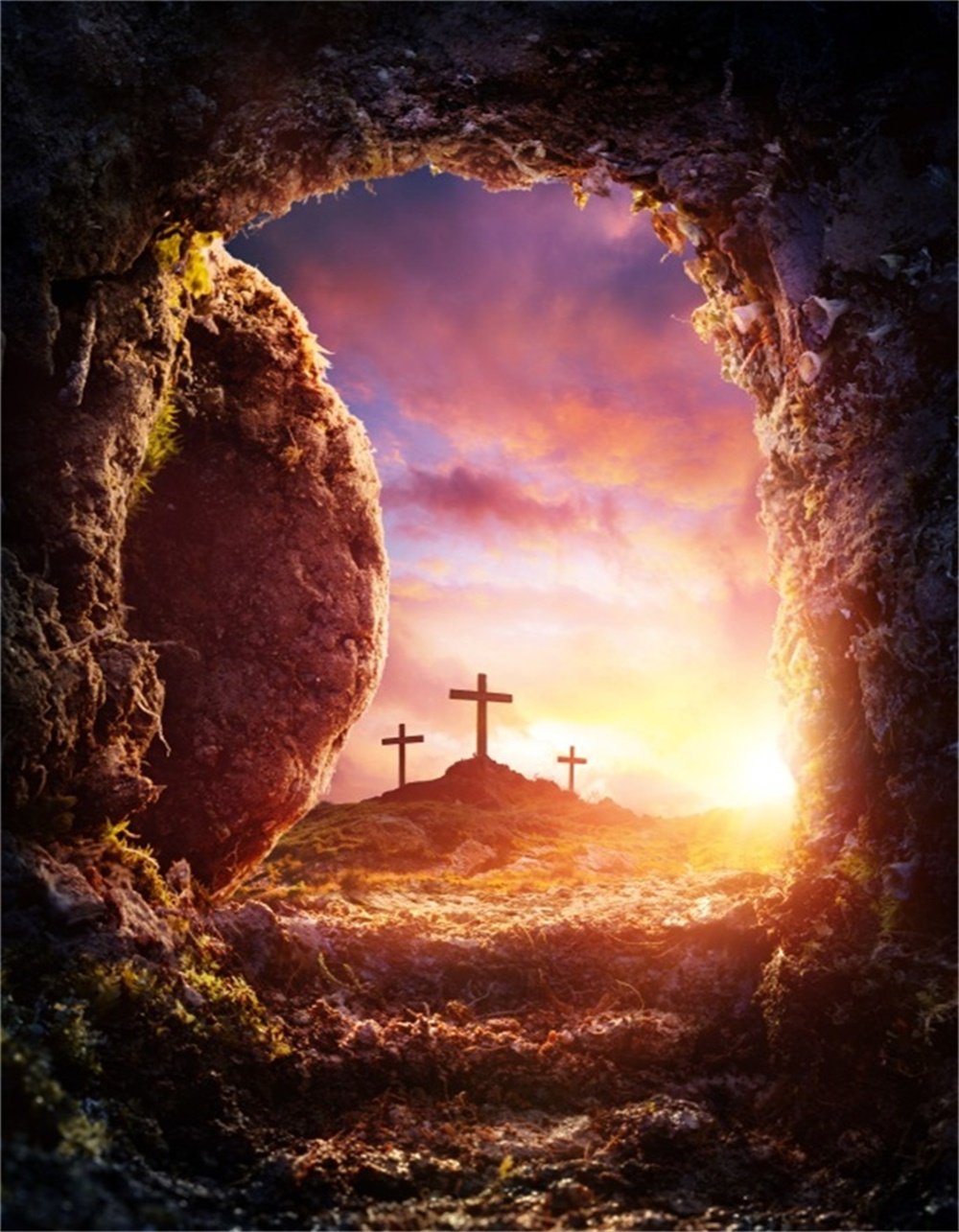 Aofoto xft crucifixion resurrection of jesus christ backdrop salvation cross photography background tomb cave sunrise glimmers of hope photo studio props bible pray christian church play wallpaper electronics