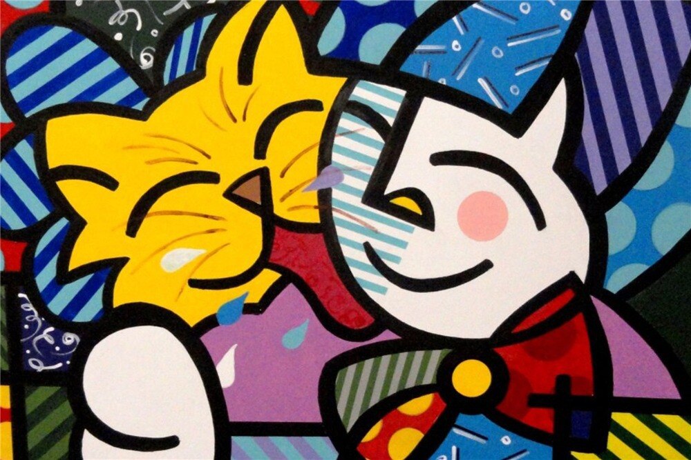 Benutzerfinierte romero britto poster mo schlafzimmer koration romero britto wandaufkleber cartoon katze wandkor sticker dotswallpaper patternwallpaper christmas