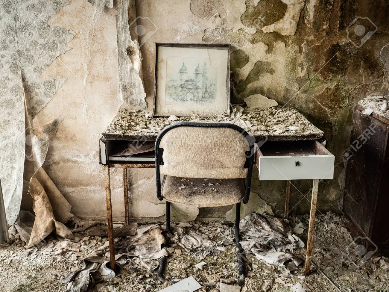 Lost place in a small living room with rotten wallpaper stock photo picture and royalty free image image