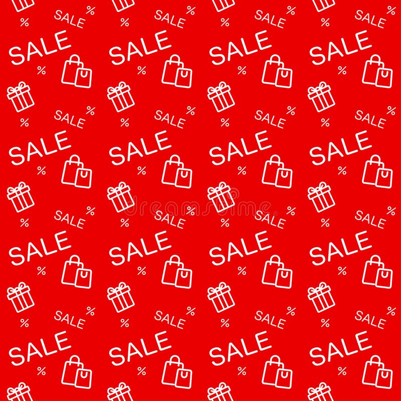 Sale promotion text shopping bag and gift bow thin line icon with red background seamless pattern stock vector