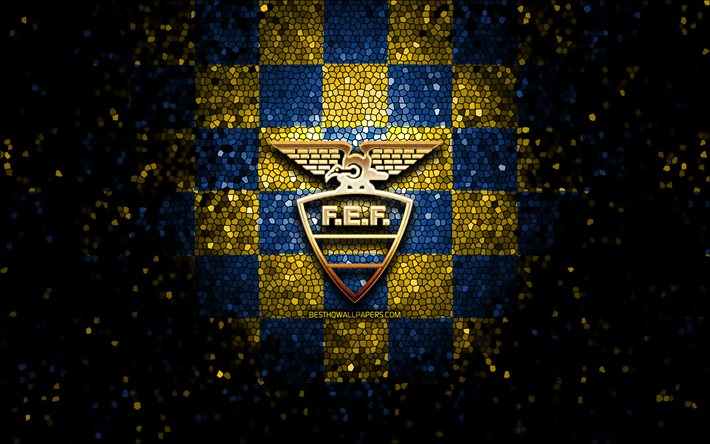 Download wallpapers ecuadorian football team glitter logo conmebol south america blue yellow checkered background mosaic art soccer ecuador national football team fef logo football ecuador for desktop free pictures for desktop free