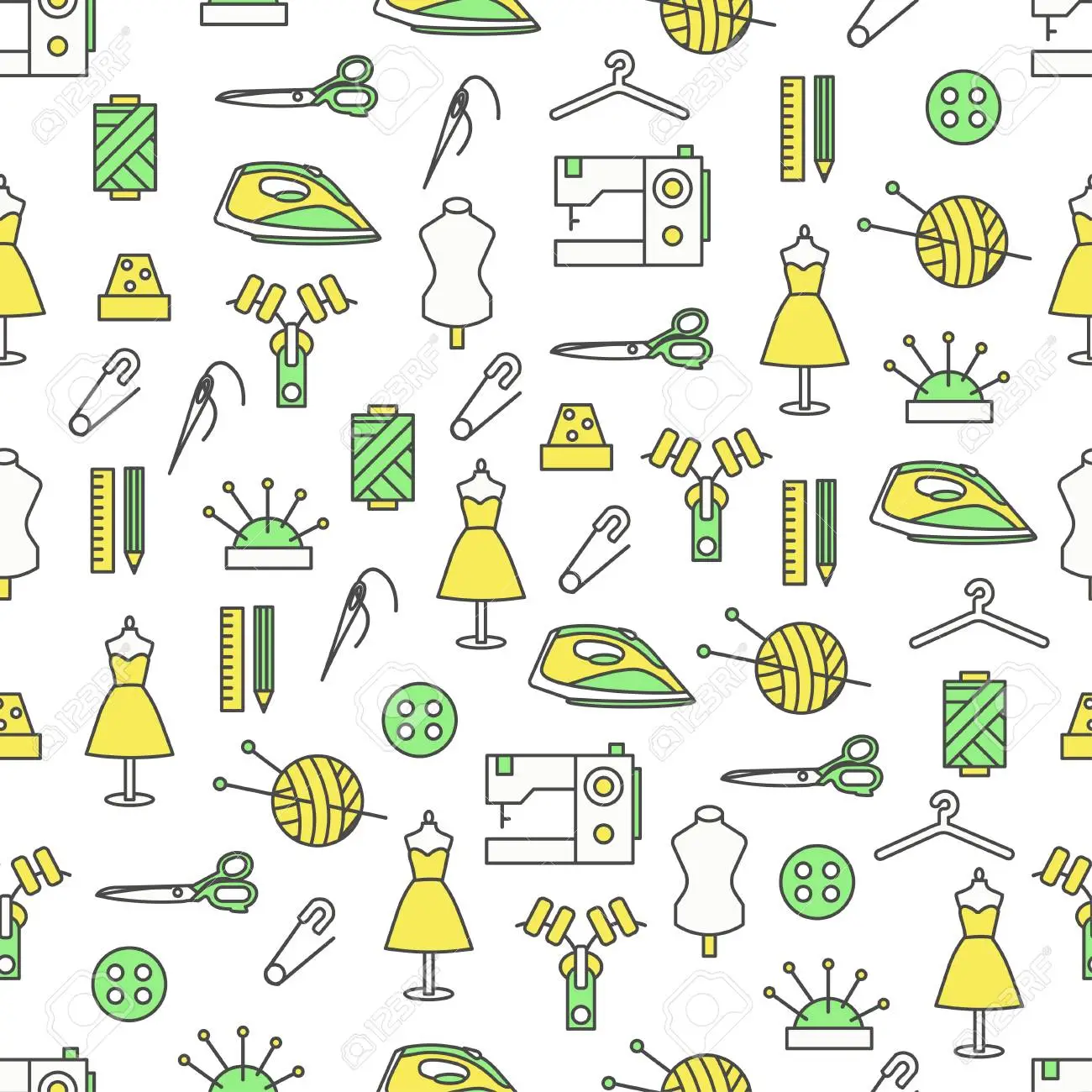 Vector seamless pattern with sewing machine needle thread thimble dummy knitting other sewing items thin line art flat style design tailoring background wallpaper royalty free svg cliparts vectors and stock illustration image