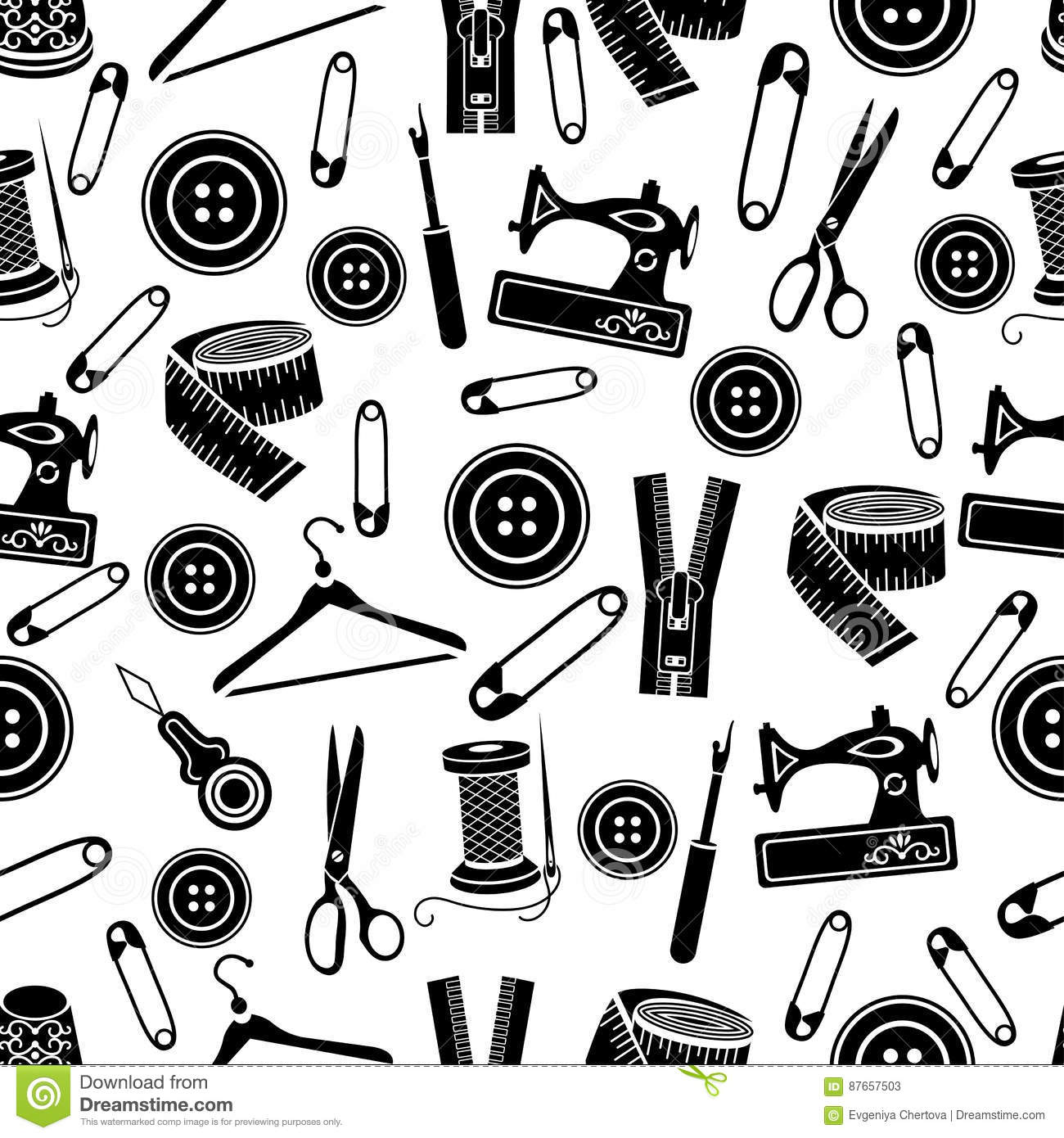 Sewing tools seamless pattern vector background black sewing supplies on white background stock vector