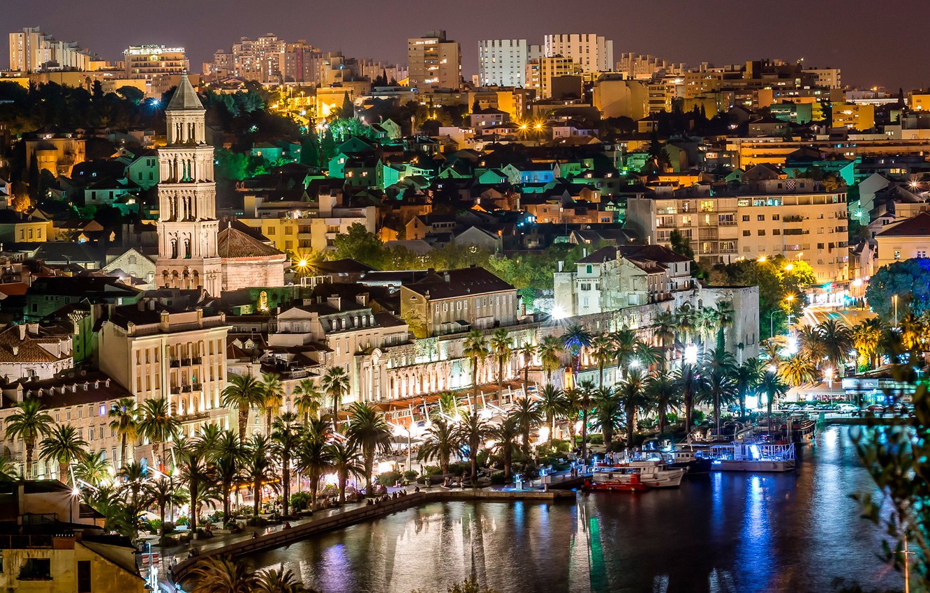 Wallpaper sea night lights palm trees yachts promenade croatia split images for desktop section ððñðð