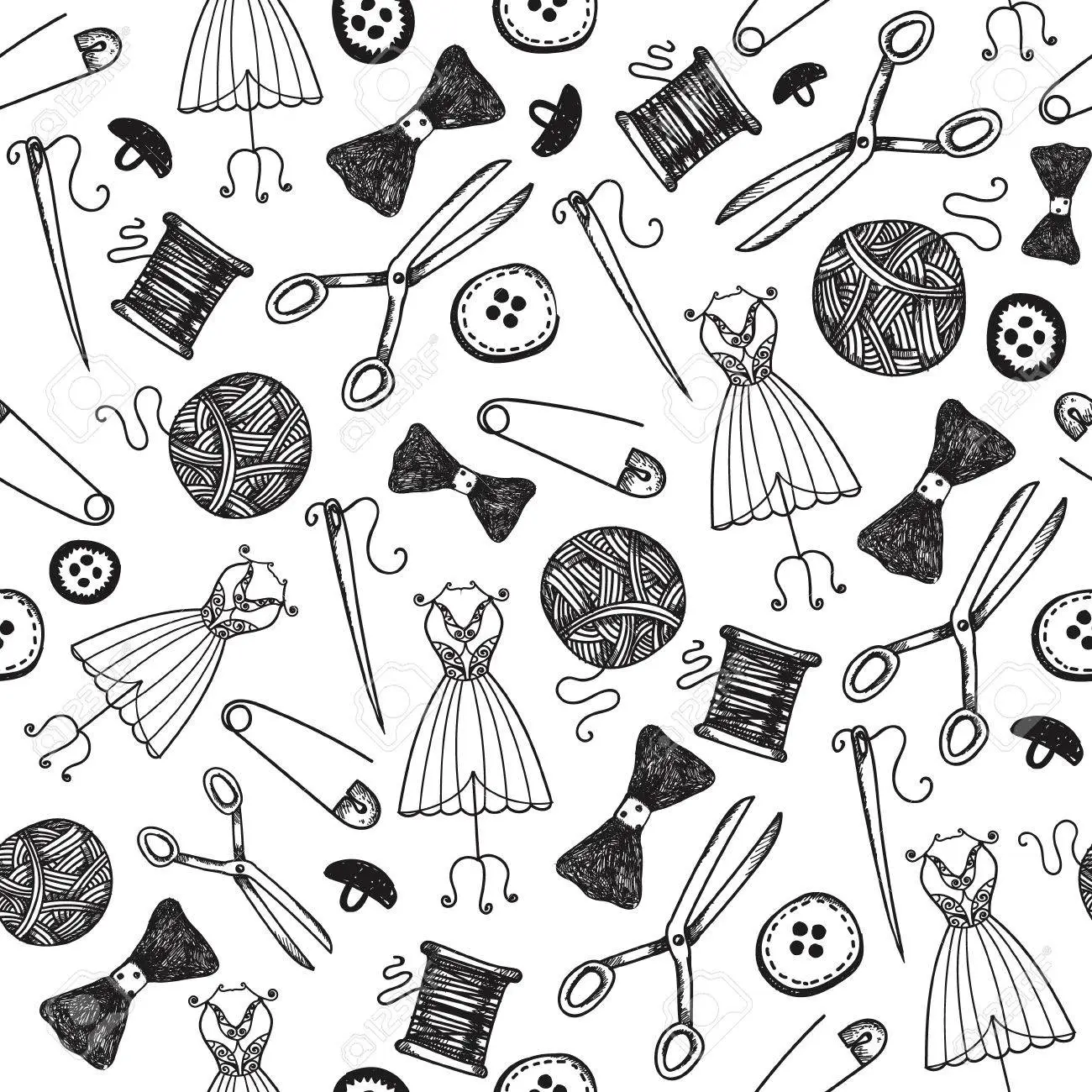 Vector hand drawn sewing seamless background doodle handmade hobby wallpaper wrapping paper black and white royalty free svg cliparts vectors and stock illustration image