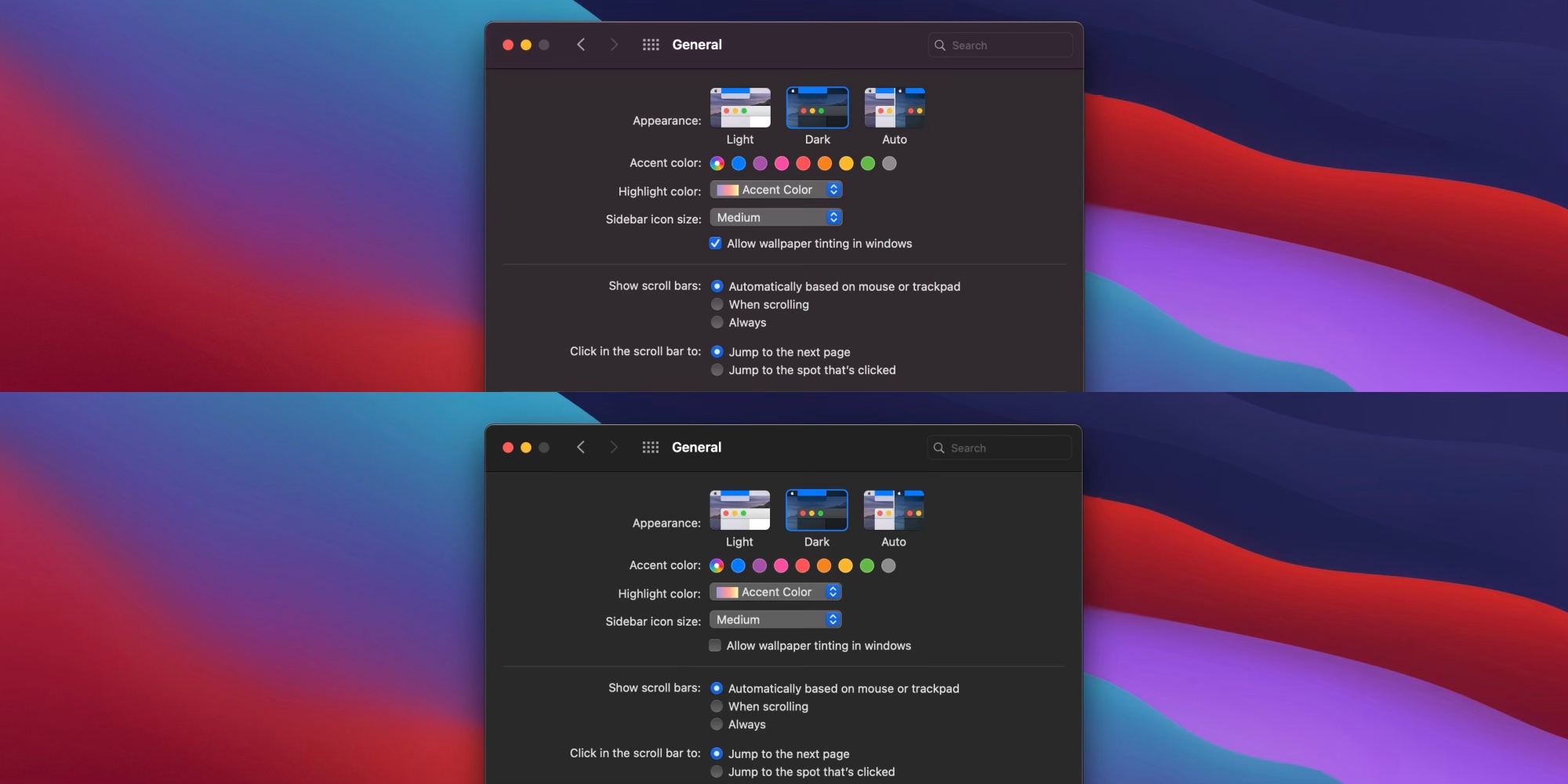 Macos big sur adds new option to disable desktop tinting to make dark mode even darker