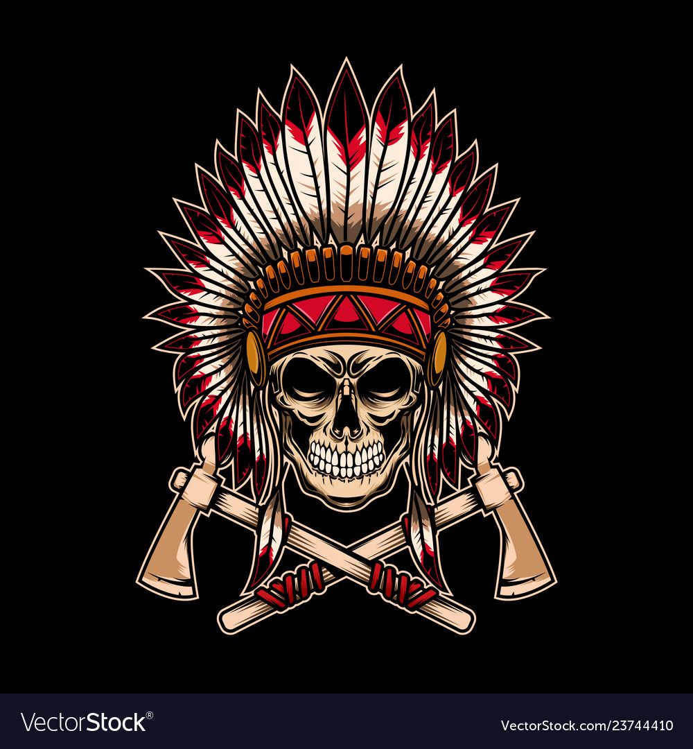 Native indian chief skull with cssed tomahawks on dark backgund design element for logo laâ tatuagens de crãnio indiano tatuagens indãgenas crãnio indiano