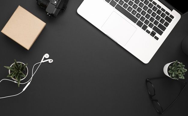 Premium photo flat lay of workstation with laptop and headphones wallpaper powerpoint camera wallpaper apple logo wallpaper iphone