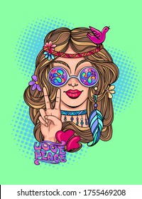 Sexy hippie girl glasses shows victory stock vector royalty free