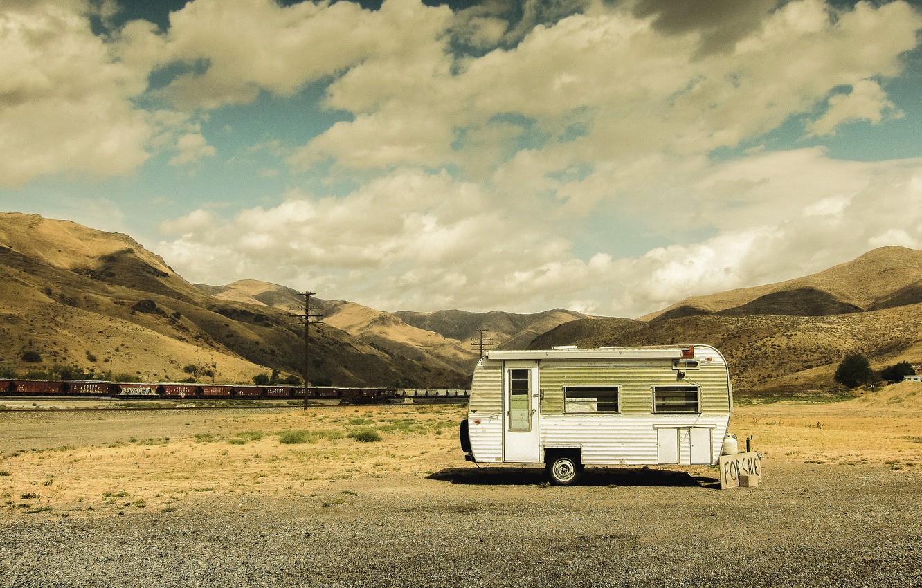 Wallpaper the sky clouds hills train railroad shadows caravan power lines desert selling travel trailer images for desktop section ððµðð