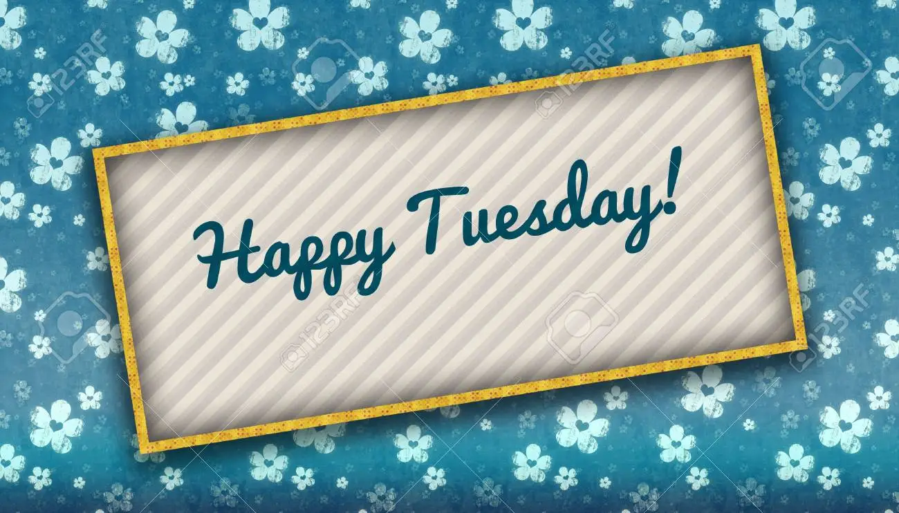 Painting with happy tuesday message on blue wallpaper with flowers illustration stock photo picture and royalty free image image