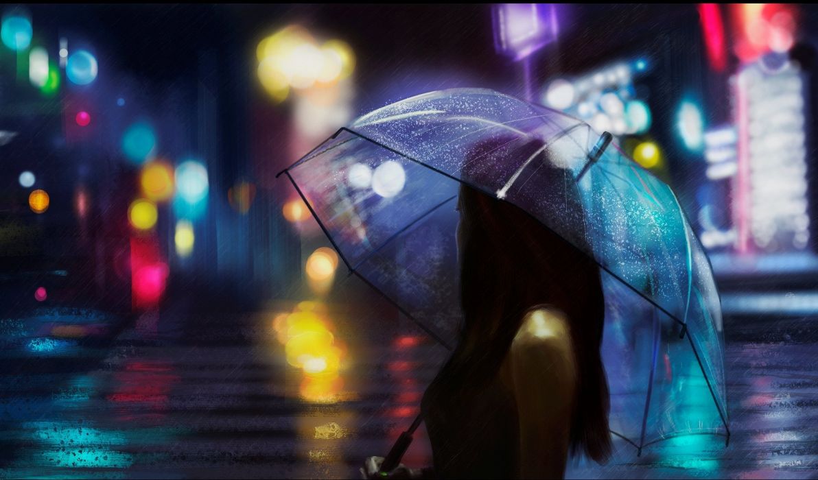 Umbrella girl rain light street beautiful wallpaper x