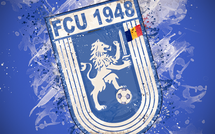 Download wallpapers fc universitatea craiova fcu craiova k paint art logo creative romanian football team liga emblem blue background grunge style craiova romania football for desktop free pictures for desktop free