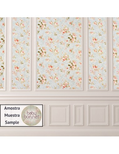 Wainscoting and blue floral wallpaper backdrop