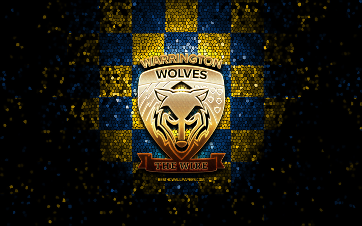 Download wallpapers warrington wolves glitter logo sle blue yellow checkered background rugby english rugby club warrington wolves logo mosaic art for desktop free pictures for desktop free