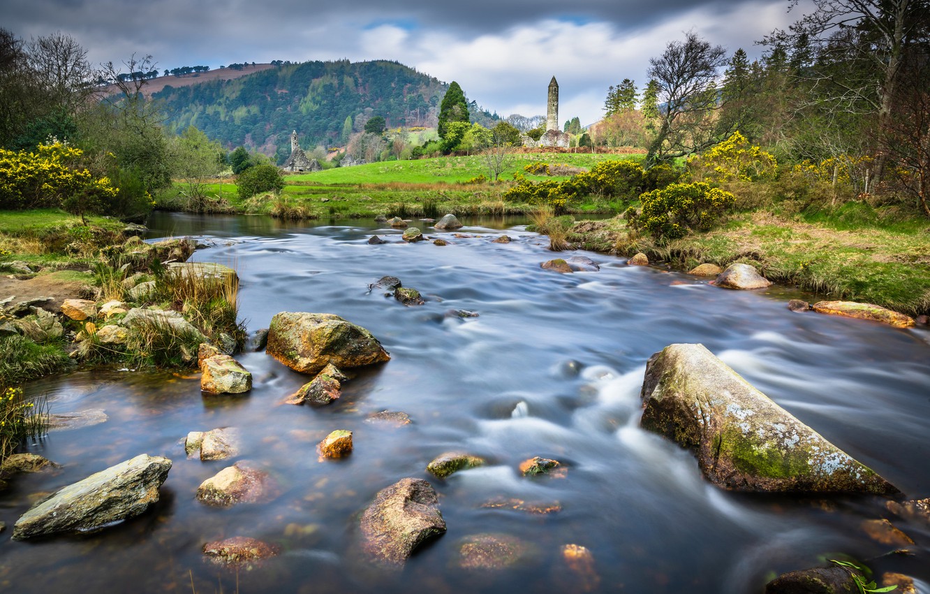 Wallpaper trees river stones tower valley ireland ireland glendalough county wicklow glendalough county wicklow images for desktop section ððµðð