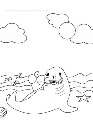 Walrus coloring sheet on the beach