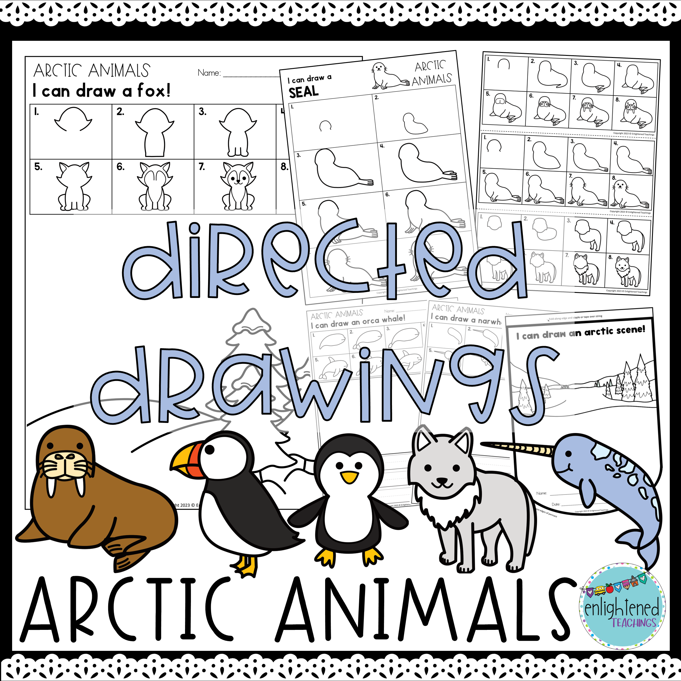 Arctic animal directed drawings worksheets