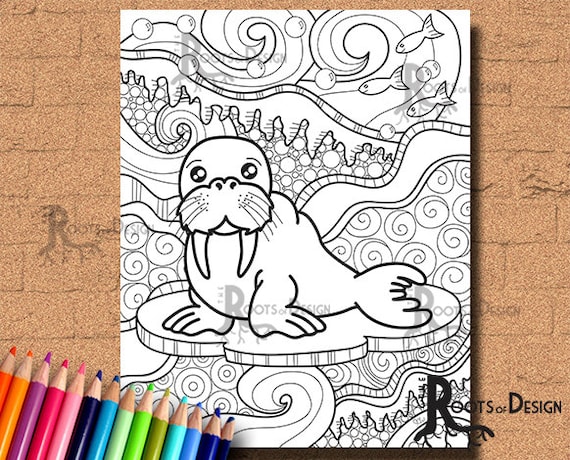 Instant download coloring page walrus print doodle art printable