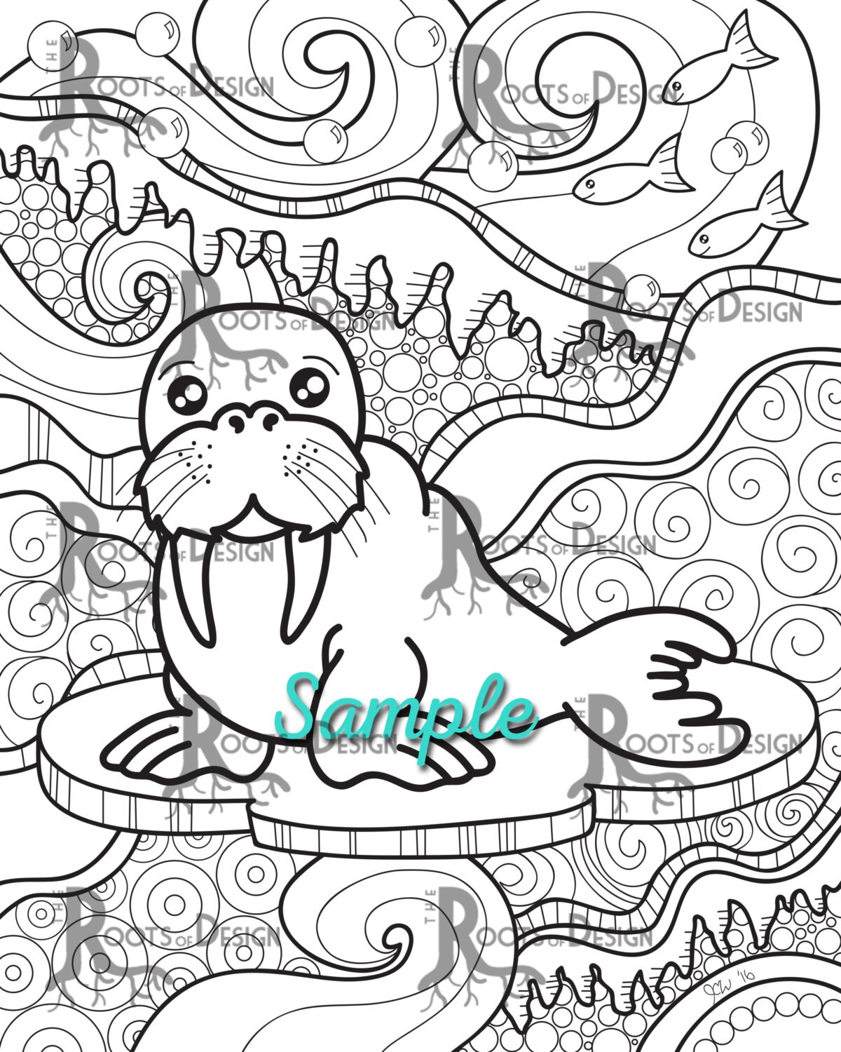 Instant download coloring page walrus print doodle art printable