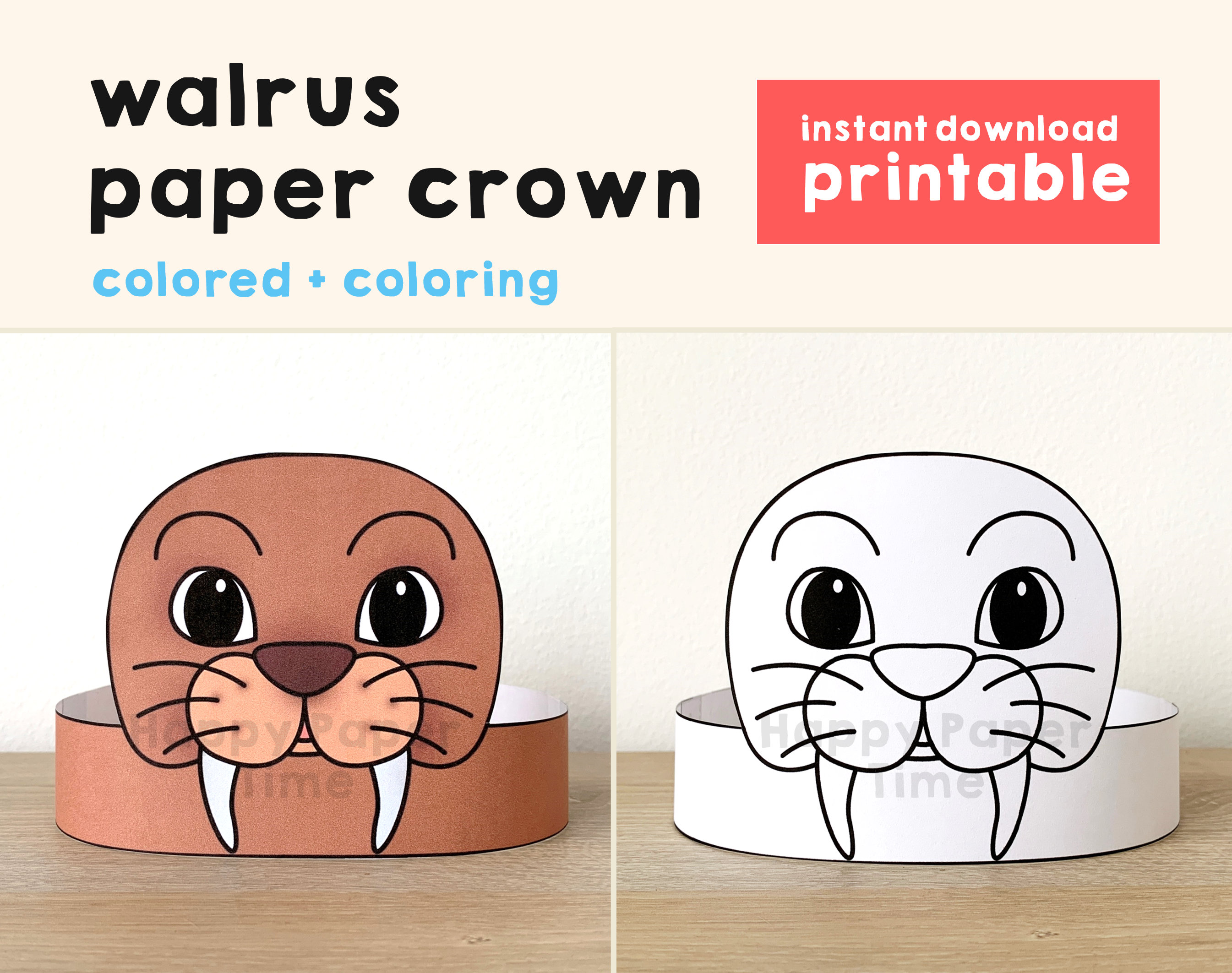 Walrus paper crown party coloring printable kids craft polar