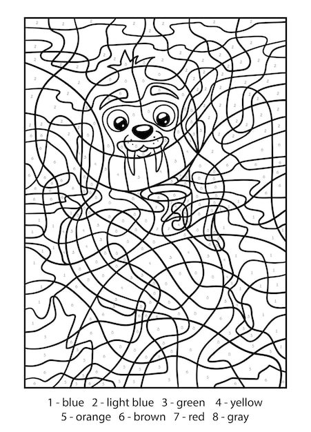 Color by number walrus on the beach coloring page printable