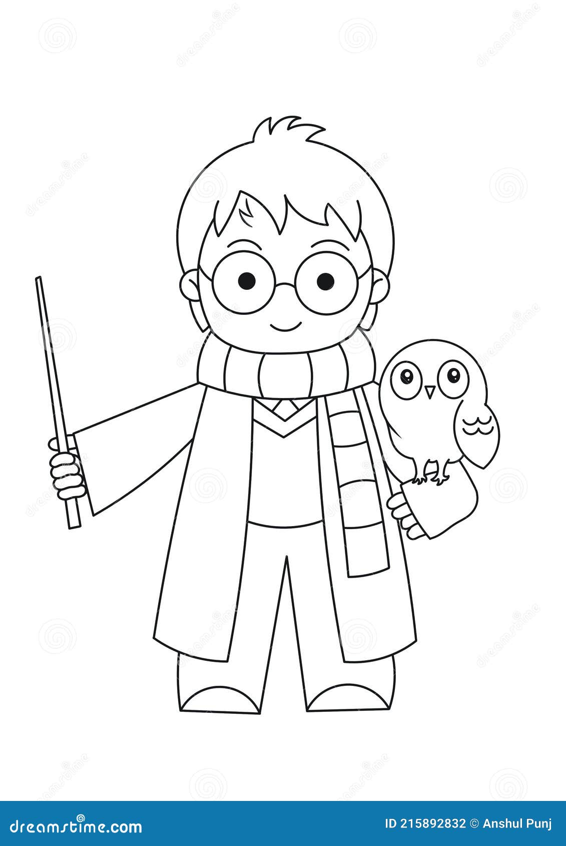 Cute little wizard with owl magic wand and muffler latest coloring pages magician wand boy wearing winter dress stock illustration