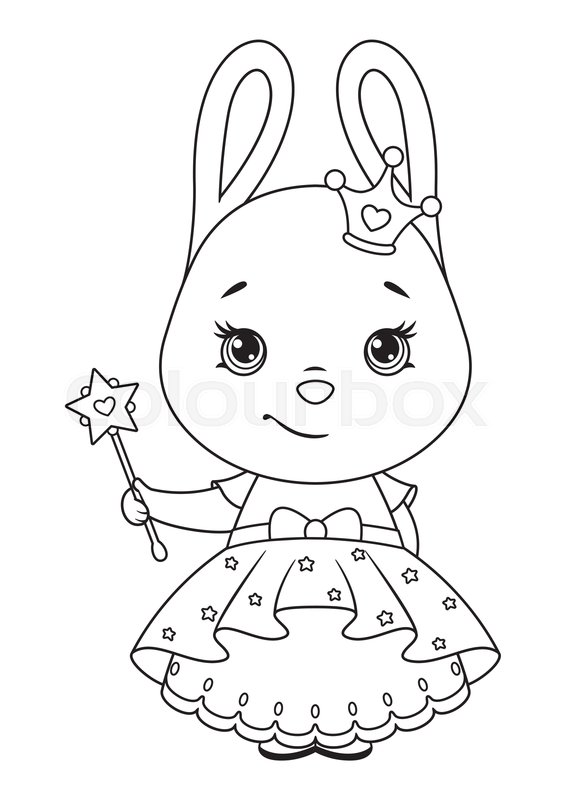 Bunny princess with magic wand coloring page black and white cartoon illustration stock vector